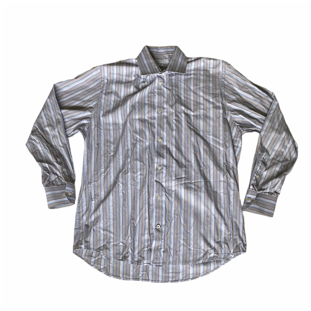 Banana Republic Mens L 16-16 1/2 Long Sleeve Button Up Shirt Blue Tan Stripe EUC